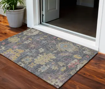 3' X 5' Blue Charcoal And Gold Floral Washable Indoor Outdoor Area Rug
