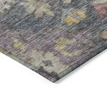 5' X 8' Blue Charcoal And Gold Floral Washable Indoor Outdoor Area Rug