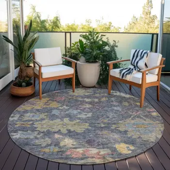 8' Blue Charcoal And Gold Round Floral Washable Indoor Outdoor Area Rug