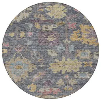 8' Blue Charcoal And Gold Round Floral Washable Indoor Outdoor Area Rug