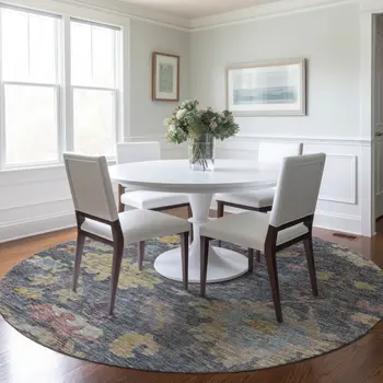 8' Blue Charcoal And Gold Round Floral Washable Indoor Outdoor Area Rug