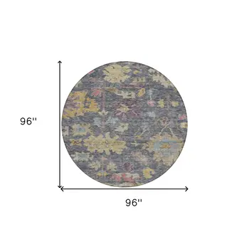 8' Blue Charcoal And Gold Round Floral Washable Indoor Outdoor Area Rug