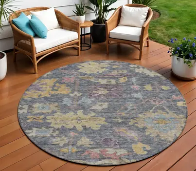 8' Blue Charcoal And Gold Round Floral Washable Indoor Outdoor Area Rug