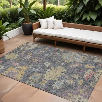 9' X 12' Blue Charcoal And Gold Floral Washable Indoor Outdoor Area Rug