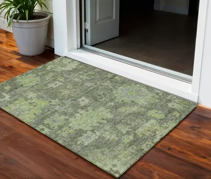3' X 5' Fern Green And Olive Green Floral Washable Indoor Outdoor Area Rug