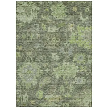 5' X 8' Fern Green And Olive Green Floral Washable Indoor Outdoor Area Rug