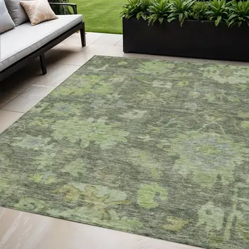 5' X 8' Fern Green And Olive Green Floral Washable Indoor Outdoor Area Rug