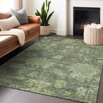 5' X 8' Fern Green And Olive Green Floral Washable Indoor Outdoor Area Rug