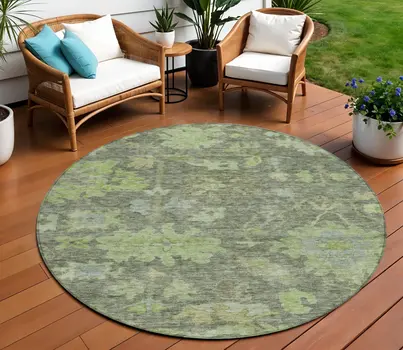 8' Fern Green And Olive Green Round Floral Washable Indoor Outdoor Area Rug