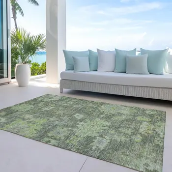 8' X 10' Fern Green And Olive Green Floral Washable Indoor Outdoor Area Rug