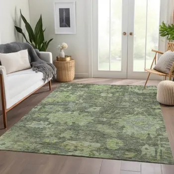 8' X 10' Fern Green And Olive Green Floral Washable Indoor Outdoor Area Rug