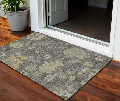 3' X 5' Gray And Charcoal Floral Washable Indoor Outdoor Area Rug