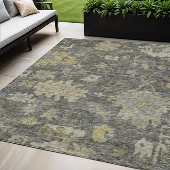 5' X 8' Gray And Charcoal Floral Washable Indoor Outdoor Area Rug