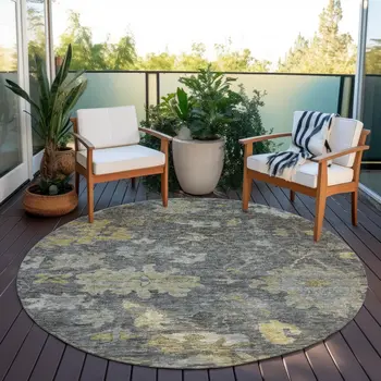 8' Gray And Charcoal Round Floral Washable Indoor Outdoor Area Rug