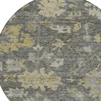 8' Gray And Charcoal Round Floral Washable Indoor Outdoor Area Rug