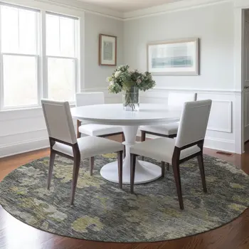 8' Gray And Charcoal Round Floral Washable Indoor Outdoor Area Rug