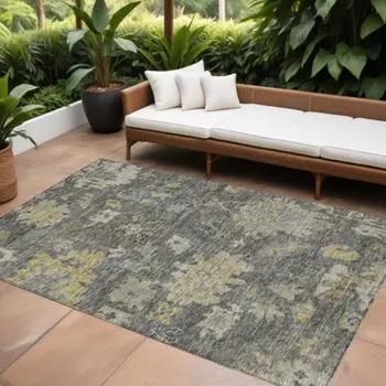 8' X 10' Gray And Charcoal Floral Washable Indoor Outdoor Area Rug