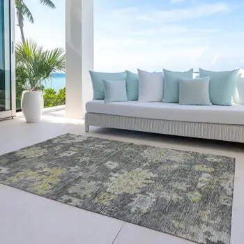 10' X 14' Gray And Charcoal Floral Washable Indoor Outdoor Area Rug