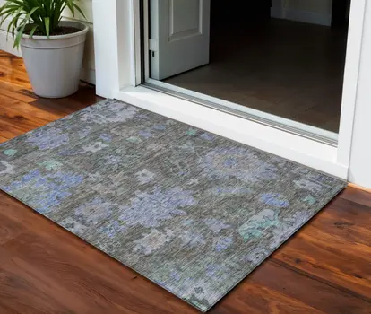 3' X 5' Taupe Green And Blue Floral Washable Indoor Outdoor Area Rug