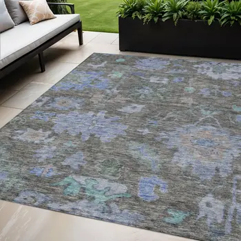 5' X 8' Taupe Green And Blue Floral Washable Indoor Outdoor Area Rug