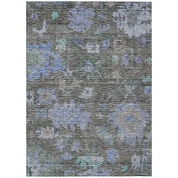 5' X 8' Taupe Green And Blue Floral Washable Indoor Outdoor Area Rug