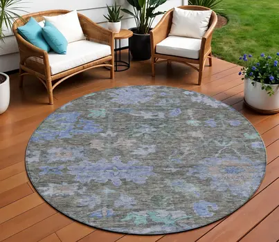 8' Taupe Green And Blue Round Floral Washable Indoor Outdoor Area Rug