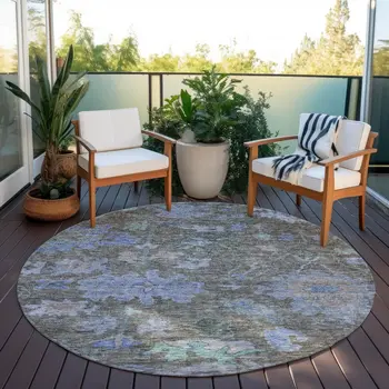 8' Taupe Green And Blue Round Floral Washable Indoor Outdoor Area Rug