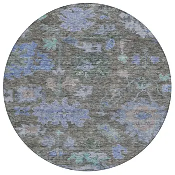 8' Taupe Green And Blue Round Floral Washable Indoor Outdoor Area Rug