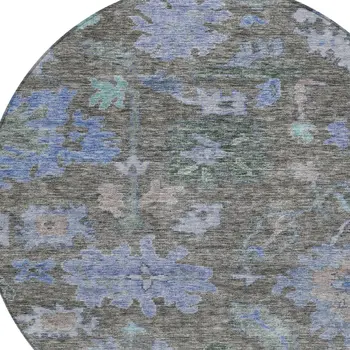 8' Taupe Green And Blue Round Floral Washable Indoor Outdoor Area Rug