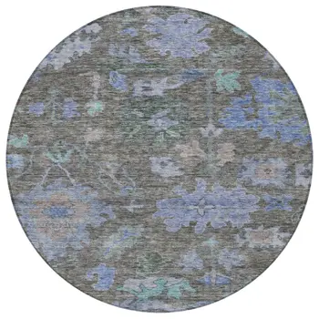 8' Taupe Green And Blue Round Floral Washable Indoor Outdoor Area Rug