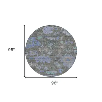 8' Taupe Green And Blue Round Floral Washable Indoor Outdoor Area Rug