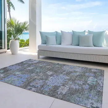 9' X 12' Taupe Green And Blue Floral Washable Indoor Outdoor Area Rug