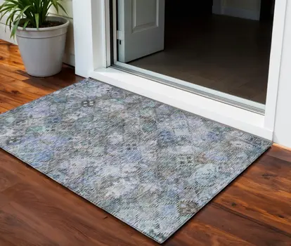 3' X 5' Blue Gray And Brown Floral Washable Indoor Outdoor Area Rug