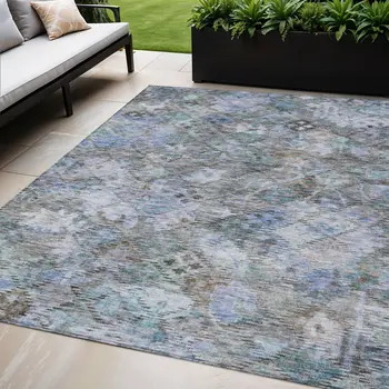 5' X 8' Blue Gray And Brown Floral Washable Indoor Outdoor Area Rug