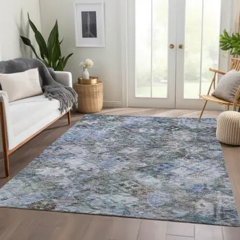 5' X 8' Blue Gray And Brown Floral Washable Indoor Outdoor Area Rug