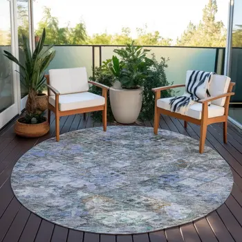 8' Blue Gray And Brown Round Floral Washable Indoor Outdoor Area Rug