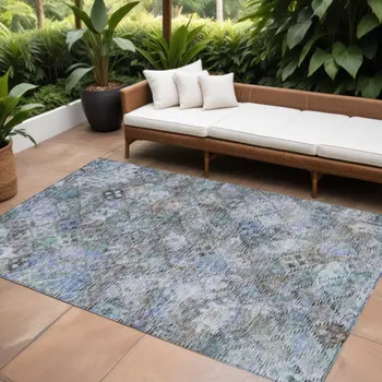 9' X 12' Blue Gray And Brown Floral Washable Indoor Outdoor Area Rug