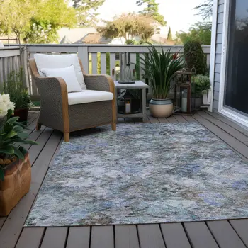 9' X 12' Blue Gray And Brown Floral Washable Indoor Outdoor Area Rug