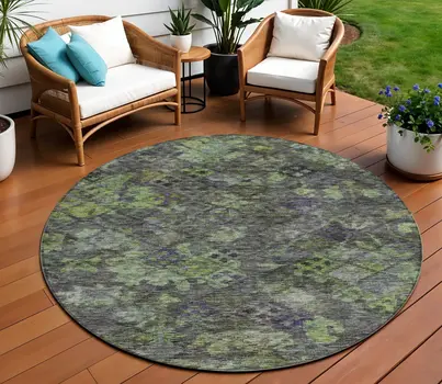 8' Green Charcoal And Black Round Floral Washable Indoor Outdoor Area Rug