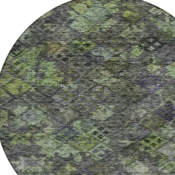 8' Green Charcoal And Black Round Floral Washable Indoor Outdoor Area Rug