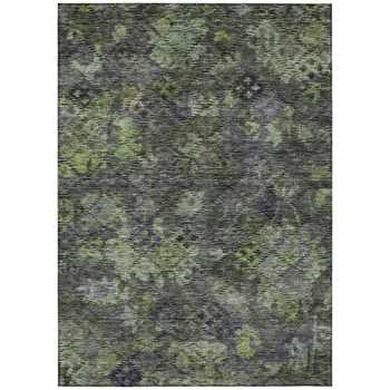 10' X 14' Green Charcoal And Black Floral Washable Indoor Outdoor Area Rug