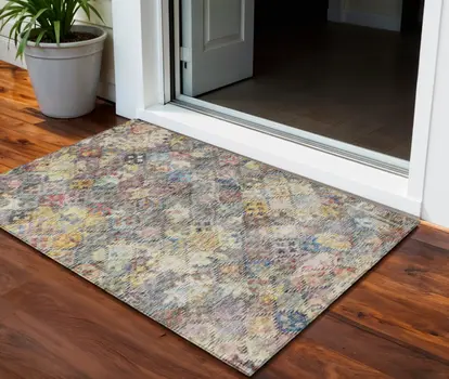 3' X 5' Gold Blue And Brown Floral Washable Indoor Outdoor Area Rug