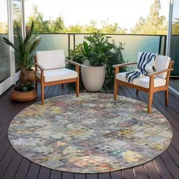 8' Gold Blue And Brown Round Floral Washable Indoor Outdoor Area Rug
