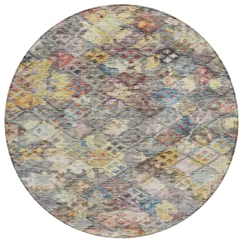 8' Gold Blue And Brown Round Floral Washable Indoor Outdoor Area Rug