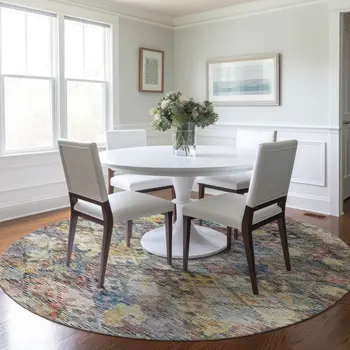 8' Gold Blue And Brown Round Floral Washable Indoor Outdoor Area Rug