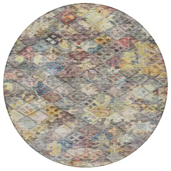 8' Gold Blue And Brown Round Floral Washable Indoor Outdoor Area Rug
