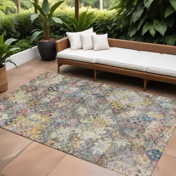 8' X 10' Gold Blue And Brown Floral Washable Indoor Outdoor Area Rug