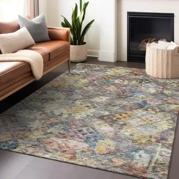10' X 14' Gold Blue And Brown Floral Washable Indoor Outdoor Area Rug