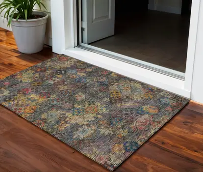 3' X 5' Gray Green And Terra Cotta Floral Washable Indoor Outdoor Area Rug