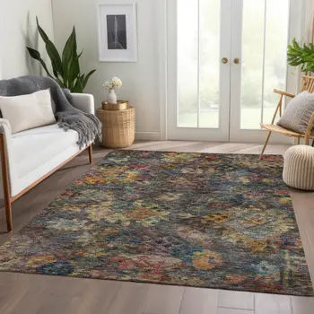3' X 5' Gray Green And Terra Cotta Floral Washable Indoor Outdoor Area Rug
